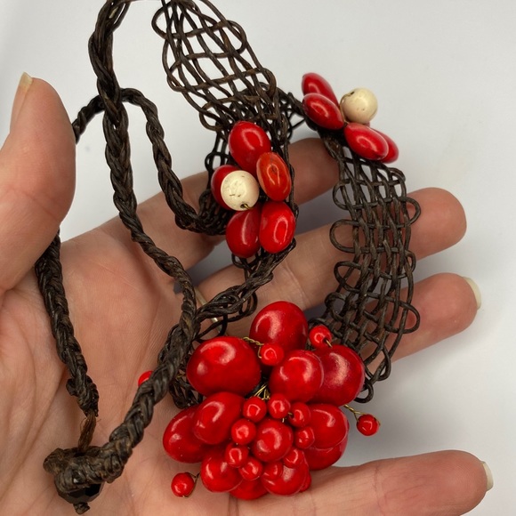 Artisan Red Flower Boho Cord Necklace & Bracelet - Picture 7 of 16